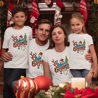 TT-Merry Christmas Clothes Tshirt Family Set White Matching Clothing Shirt Christmas Tree and Christmas Hat and Santa Cl