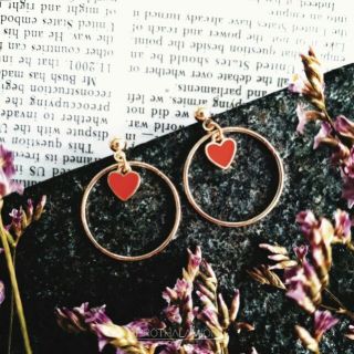 Korea Minimal Round Red Black Heart Cute Gold Earrings ต่างหู ตุ้มหู เกาหลี กลม สีทอง หัวใจ แดง ดำ มินิมอล น่ารัก