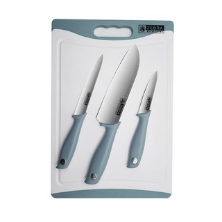 🔥The Best!! ตราหัวม้าลาย ชุดมีดพร้อมเขียงพลาสติก รุ่น ZELECT สีฟ้า Zebra brand Knife set with plastic cutting board #ZEL