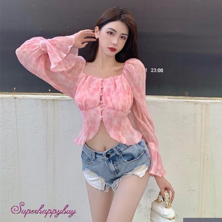 เสื้อยืดแขนยาว เปิดไหล่ ผ้าชีฟอง สุดชิค สีหวาน สําหรับผู้หญิง