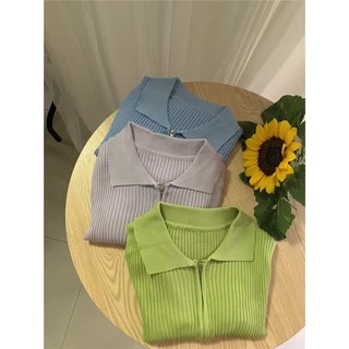 [Maze] เสื้อยืดเเต่งซิ๊บ​ รูดได้จริง​ เสือคอปก​ สไตล์​เกาหลี (5930-1)