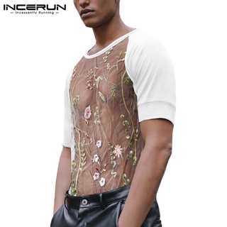 Incerun เสื้อแขนสั้นผ้าตาข่ายซีทรูลายดอกไม้แนวเซ็กซี่สําหรับผู้ชาย