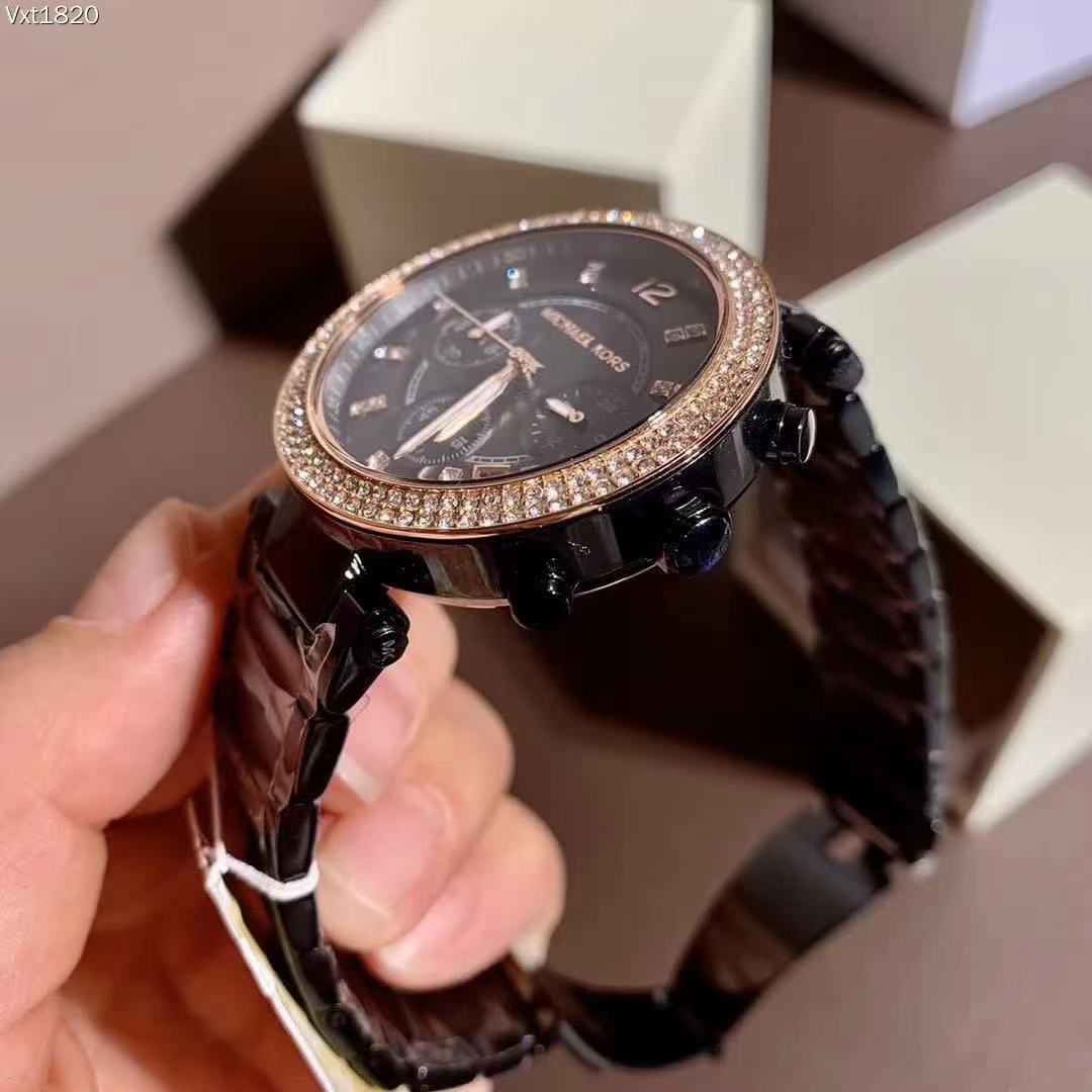 Popular MK watch MK5885 black gold three eye six pin inlaid double row ...