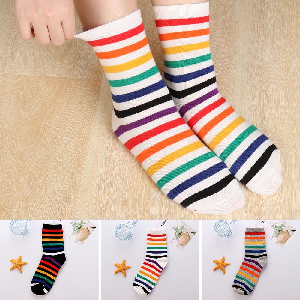 MIHAN Tide Rainbow Socks Casual Mid tube sock Stripes Women Fashion Sweat absorb Breathable Cotton/Multicolor #4