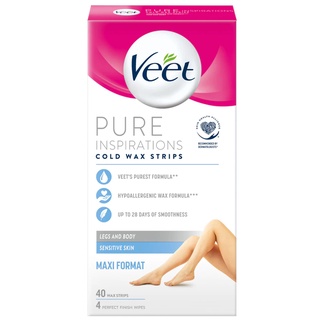 Veet Pure Hair Removal Cold Wax Strips Legs&amp;Body Sensitive Skin 40Sheets แผ่นกำจัดขนสูตรอ่อนโยนสำหรับผิวบริเวณร่างกาย