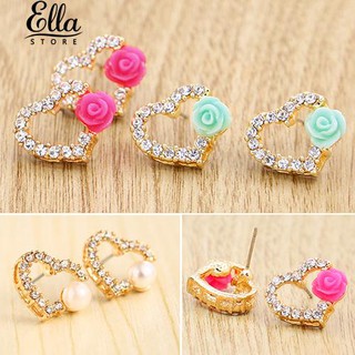 เลดี้ Love Heart Rhinestone Flower ต่างหูมุกหู Ears