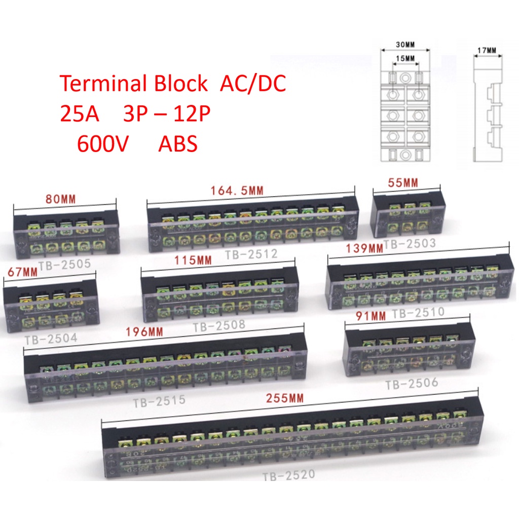 Terminal Block เทอมินอล บล้อค บล้อคไฟฟ้า  25A  600V 3-12P  รองรับ AC-DC  ใช้เข้าขั้วไฟฟ้าตามการใช้งาน ส่งด่วน 2 วัน