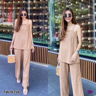 TW14354  Set 2 ชิ้น เสื้อสายเดี่ยว ด้านหน้าเย็บจับจีบ ดึงยางด้านหลัง กางเกงขายาวเข้าเซต เอวสม็อก มีกระเป๋าข้าง ผ้าลินิน