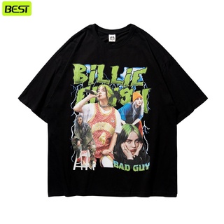 เสื้อยืดอินเทรนด์ผู้ชายอินเทรนด์ผู้หญิง【hot sale】 High street retro Billie Eilish Billie head พิมพ์เสื้อยืดแขนสั้นผู้ชาย