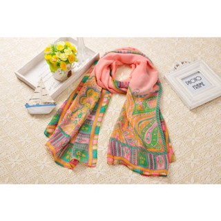 P85 ผ้าคลุมไหล่ ลายกราฟฟิก สีส้ม scarf chiffon