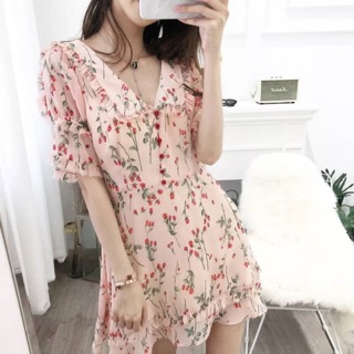 💓Raspberry Dress 💓งานนำเข้า พร้อมส่ง มินิเดรสคอปกสีชมพูคิวท์สุดๆค่า ผ้าชีฟองพิมพ์ลายสวยมากๆ