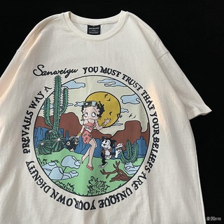 【hot sale】010Sunset Mountains and Seas American Retro การ์ตูนอะนิเมะพิมพ์เสื้อยืดผู้ชายและผู้หญิงคู่ฤดูร้อน Street Tide