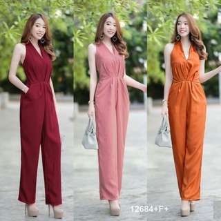 Jumpsuit จั้มสูทขายาว แขนกุด ผ้าซาร่าสีพื้น