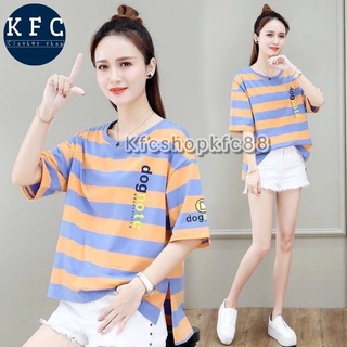 🌟KFC🌟เสื้อคอกลมแขนสั้น  ลายทางใหญ่ สกรีนอักษรคมชัด สีหวานสดใส พร้อมส่ง#9022
