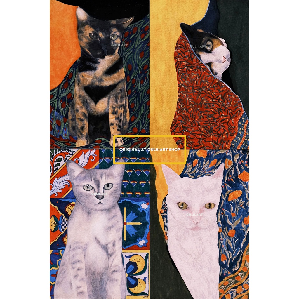 โปสการ์ดสีน้ำภาพแมว Watercolor cat postcards 4x6 inch (in a clear laminated sleeve)