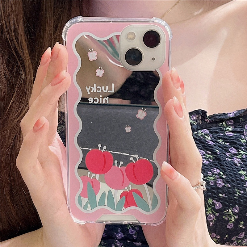 เคสโทรศัพท์มือถือกระจก ลายดอกทิวลิป สีชมพู สําหรับ Apple Iphone 15 12Promax 7 7plus 8 8plus x xr xs 11 12 13 pro max plus promax-DINUO