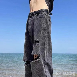 American West Coast pants high street tide ins vintage smoke gray hole jeans men s straight หลวม beggar pants