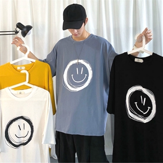 【M-5XL】Plus Size Korean Style Oversized Shirt Couple Smiley Short Sleeve Top Causal Loose Shirt for Men Harajuku Style M