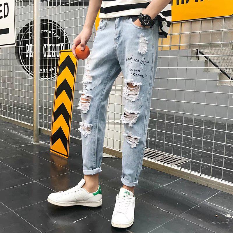 【IF】Mens jeans mens trend loose small leg cropped trousers with holes summer long trousers thin casual