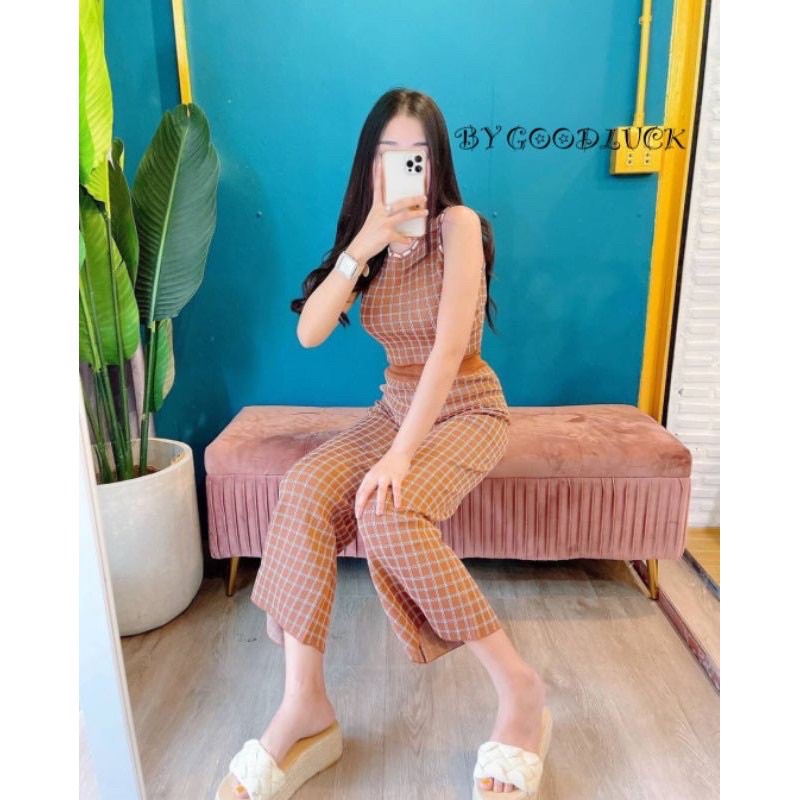 🌈 SpinnyHouse 🌈 ชุดเซ็ต ลายตารางบูลเบอร์รี่ เสื้อกล้าม แขนกุด จั๊มเอว + กางเกงขายาว