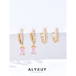 Alyxuy ต่างหูห่วง เหล็ก คริสตัล ชุบทอง 14k สีชมพู (ขาย 2 คู่)