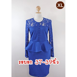 E1730-6-XL-ชุดเดรสคนอ้วน สีน้ำเงิน ผ้าลูกไม้หรูและผ้ายืดเนื้อหนานิ่ม(ผ้าสกูบ้า) แขนยาวลูกไม้ซีทรู กระโปรงผ่าหลัง