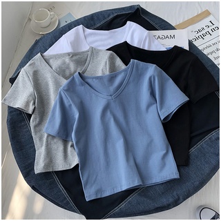 เสื้อครอปแขนสั้น คอวี สีพื้น สําหรับผู้หญิง