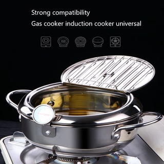 ☋❦Kitchen Deep Frying Pot With Thermometer Fryer Pan Temperature Control Fried Japanese Style Cooking Tool Kitchen Cooki