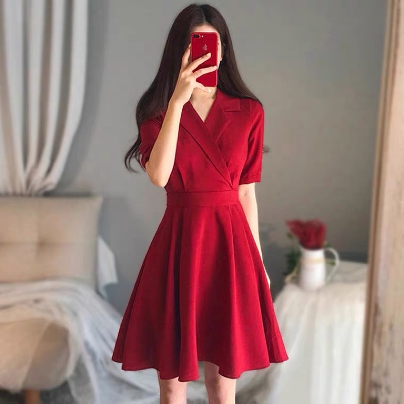 Plus ขนาด V คอ Retro แขนสั้น Lace Up A Line Dress (M-4XL) ขนาดใหญ่ V ภาษาฝรั่งเศสคําสั้นสั้นสั้นสั้น