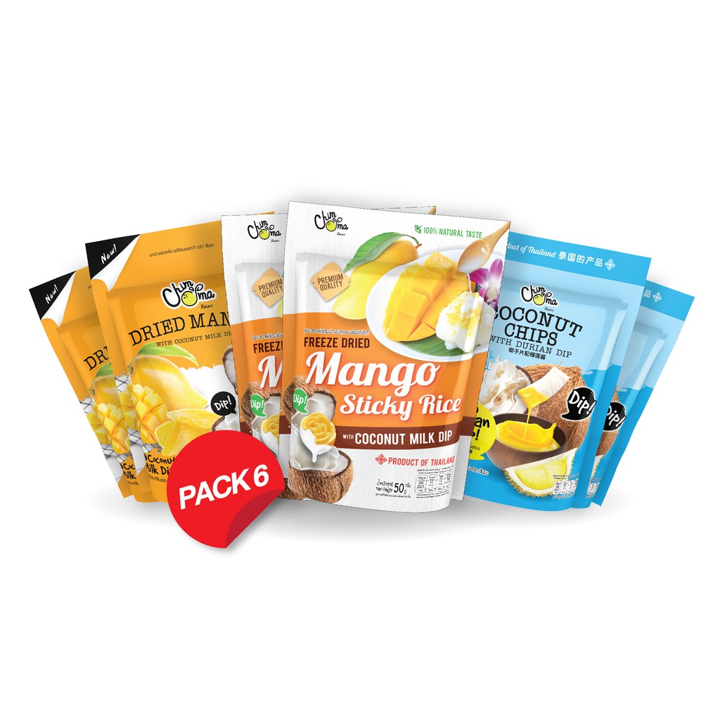รวมผลไม้อบกรอบ อบแห้ง พร้อมดิปกะทิ ดิปทุเรียน (6 ซอง/แพ็ค) / Dried Mango, Freeze Dried Mango, Coconu