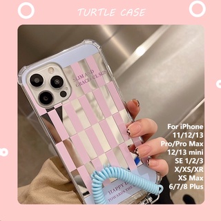 [พร้อมส่ง] เคสโทรศัพท์มือถือกระจก ลายตารางหมากรุก สีชมพู พร้อมสายคล้อง สําหรับ Apple iPhone 14 13 12 11 PROMAX XS XR XSMAX SE2