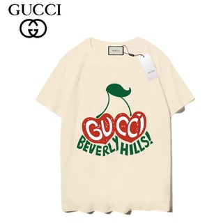 Gucci แฟชั่นเสื้อยืดแขนสั้นผ้าฝ้ายพิมพ์ลายสําหรับ Unisex