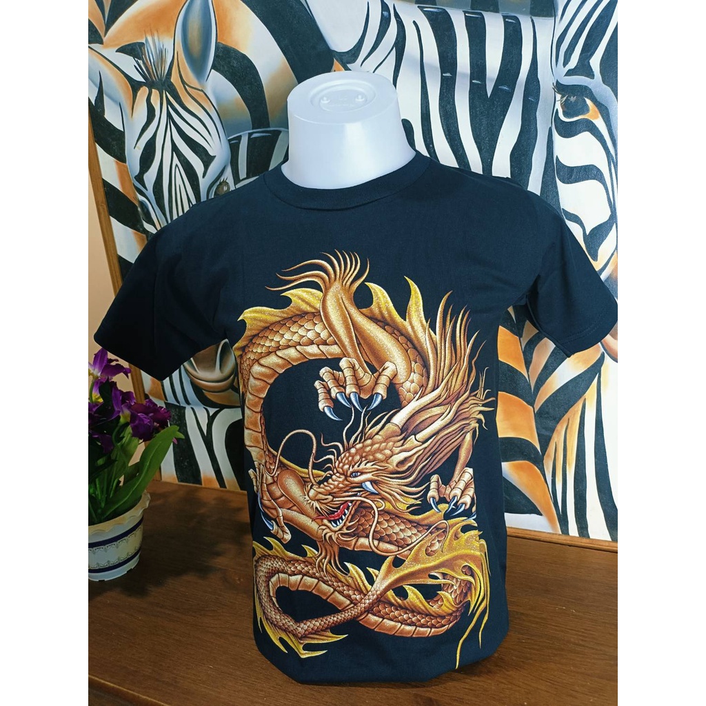 เสื้อยืดลายมังกรทอง คอกลม สีดำ ลายมังกรทอง สำหรับ ผู้ชาย-ผู้หญิง(ลายไทย)