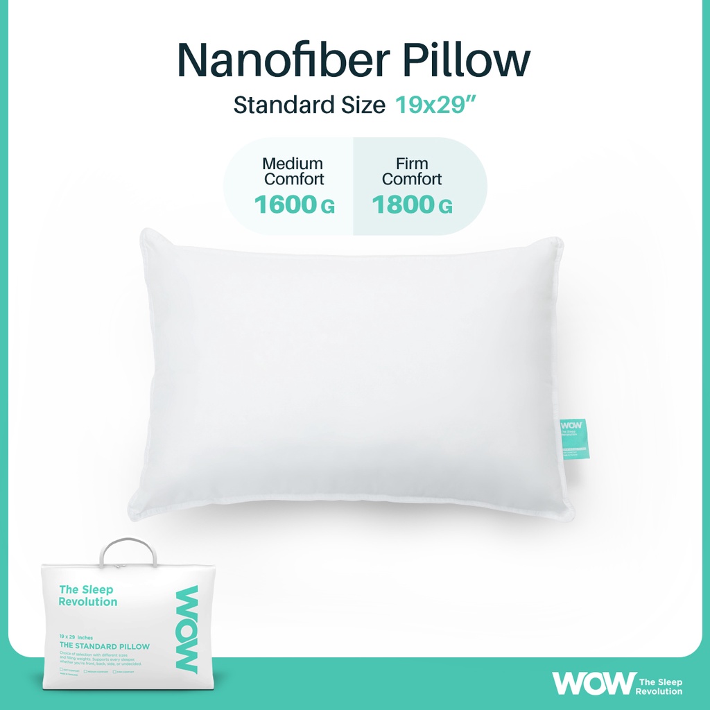 WOW หมอนนาโนไฟเบอร์เพื่อสุขภาพ หมอนหนุน หมอนป้องกันไรฝุ่น Nano Pillow ขนาด 19x29 (มี 2 ความแน่น)