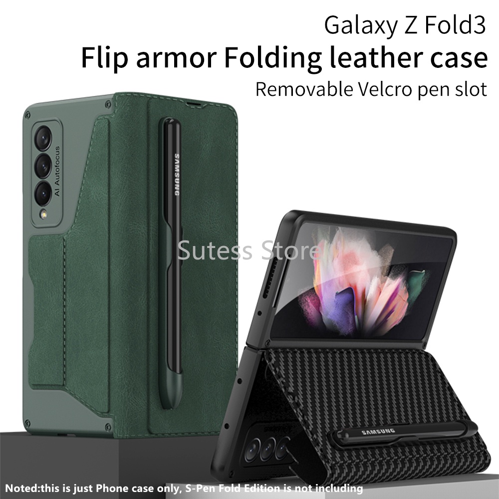 For Gkk Samsung Z Fold 3 Flip Armor Folding Leather Flip Case With Removeable Pen Slot Card Slot 8067