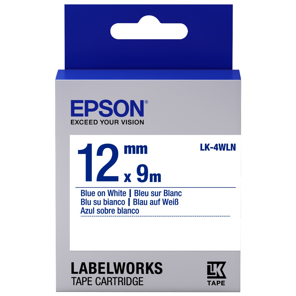 เทปเครื่องพิมพ์ฉลาก Epson LabelWorks LK-4WLN 12 mm อักษรน้ำเงินบนพื้นขาว (9M)