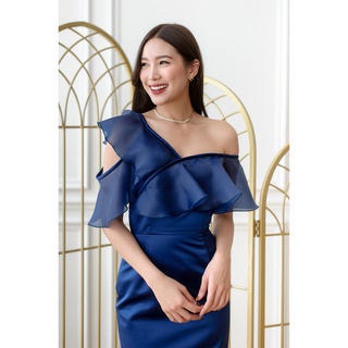 PD713 Midnight Blue Dress  เดรสผ้าไหมดัชเชส