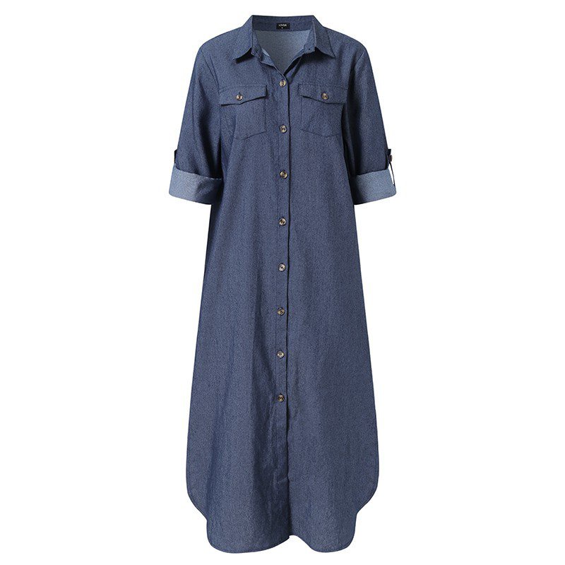 Denim Long Dress with Slit and Button- Down Collar main image 1