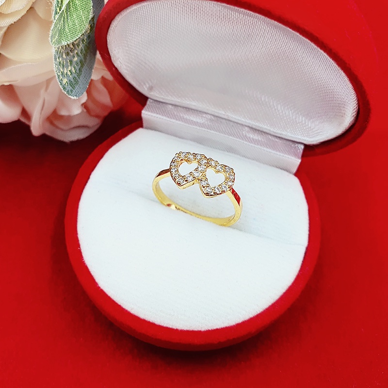 แหวนทองฝังเพชร รูปหัวใจคู่ เสริมโชค เสริมบารมี แหวนแฟชั่น แหวนทองเหลืองแท้