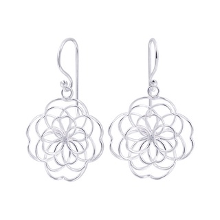 SILVER THAI        925 Silver Handmade Flower Hook Earrings  In stock ต่างหูห่วงรูปดอกไม้เงินแท้925