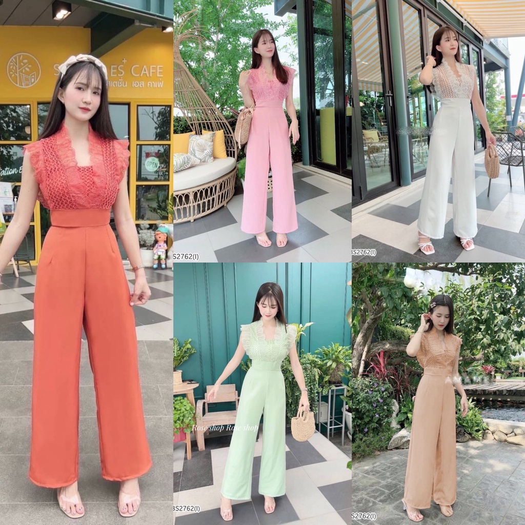 BS2762   จั้มสูทกางเกงขายาว ด้านบนแต่งลูกไม้นำเข้า