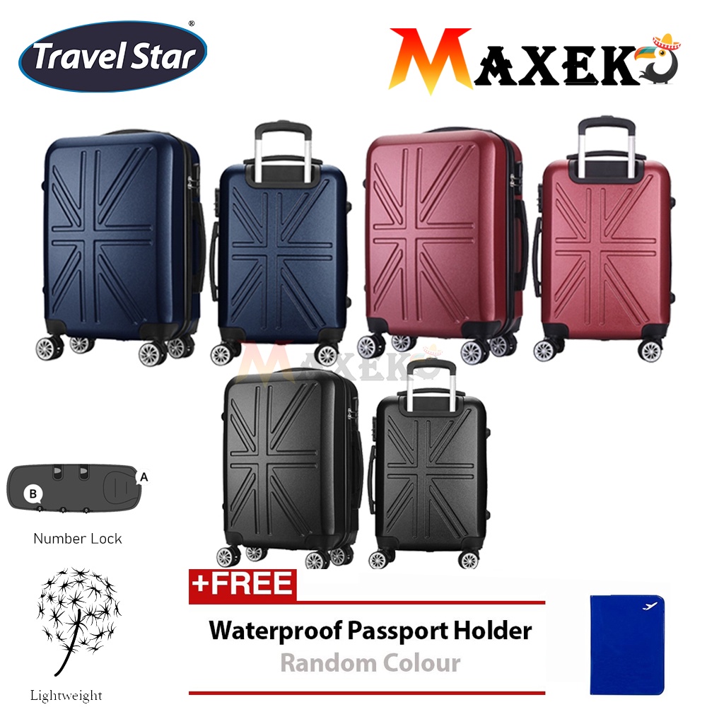 Maxeko Travel Star 230 Cross Design Hard Case กระเป๋าเดินทาง Bagasi ชุด 20 + 24 นิ้ว สีดํา (ฟรีซองใส่หนังสือเดินทาง)
