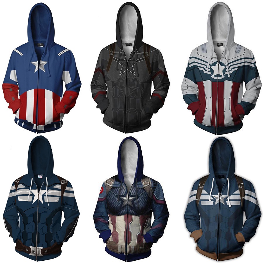 กัปตันอเมริกาเครื่องแต่งกายผู้ชายเสื้อลําลอง 3D Hooded Hoodie Cos Steve Rogers Jacket