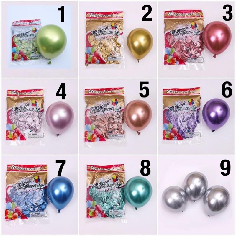 ลูกโป่งสีโครเมียมขนาด 5 นิ้ว สามารถเลือกได้แบบ 20 ใบ หรือแบบแพค (1 แพคบรรจุ 100 ใบ)