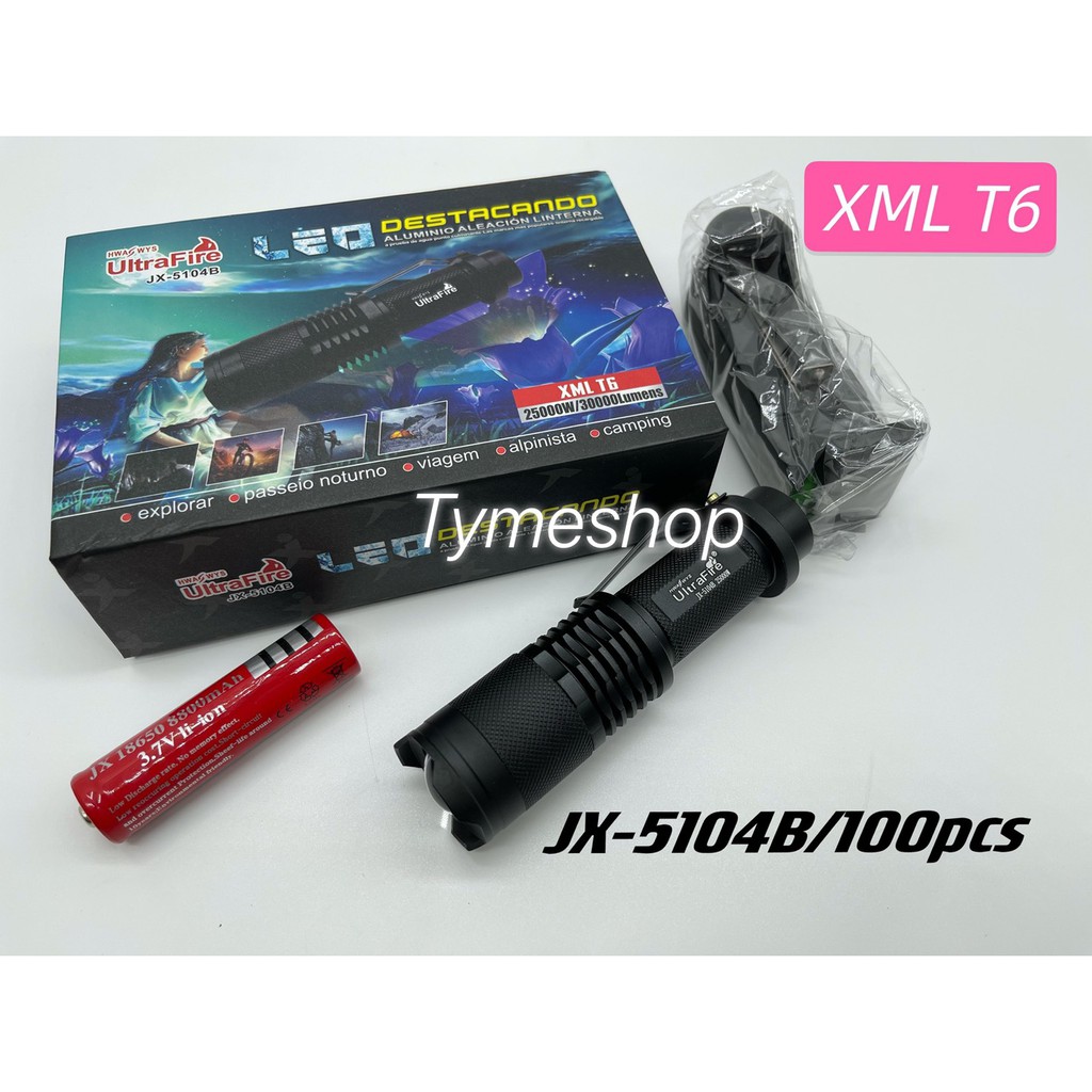UltraFire XML-T6 ไฟฉายสว่างมาก รุ่น JX-5104B JX-Sk68Q5 JX-409 พร้อมถ่านชาร์จ 18650 แบบซูมได้แบตเตอรี