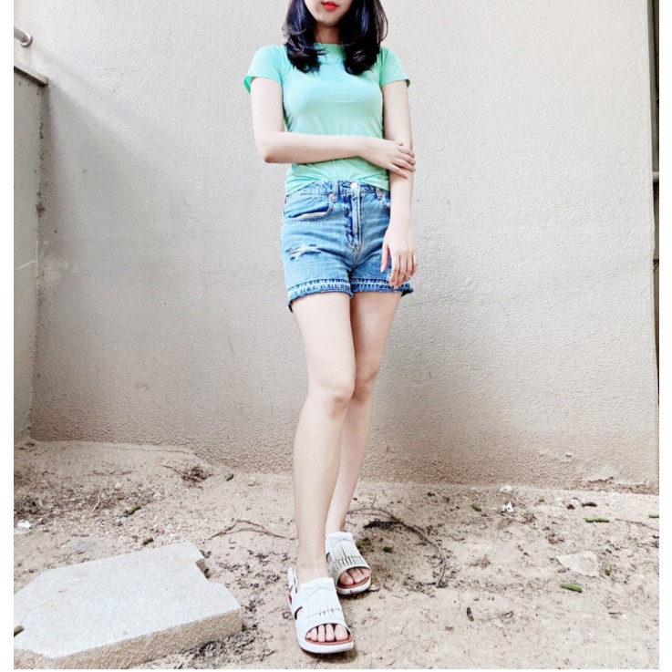 ⚠⚠ 100% แท้เกาหลี Evisu ผู้หญิงเอวสูงพอดีกางเกงขาสั้นผ้ายีนส์
