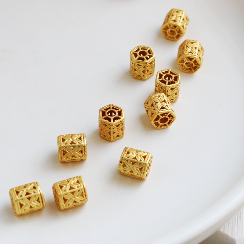 Antique Gold 8 x 8mm 18K Matte Gold Hollow Side Chain พร้อมลูกปัด