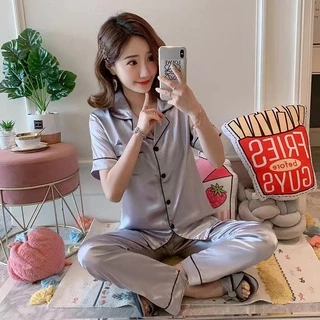 MMEIMEI6666 เสื้อนอนหรือชุดนอนเสื้อแขนสั้นขายาว ผ้าซาติน น่ารักๆนิ่มๆเลย ราคาถูกๆ (สินค้าพร้อมส่ง)