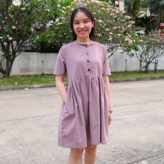 เดรสผ้าฝ้าย เดรสคุณแม่ สีม่วง