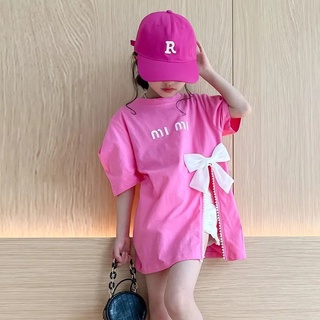 Girls T-shirt short sleeve summer new little girls bow top fashion sweet split childrens cotton t summer fashion